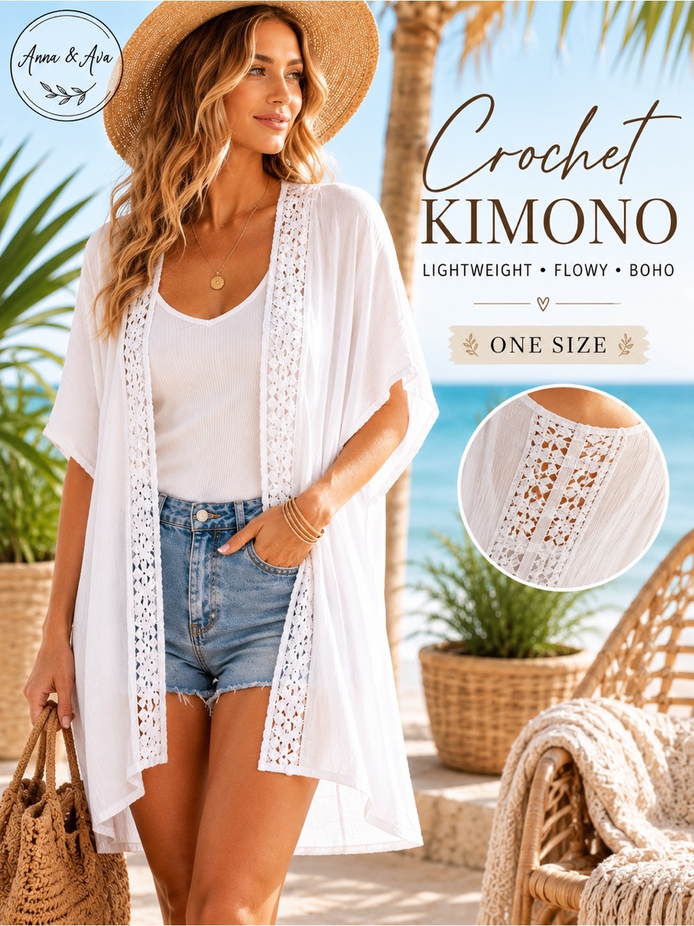 Anna & Ava White Lace Crochet Open Front Kimono Cover Up One Size